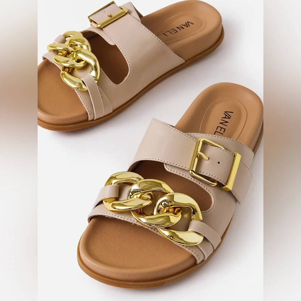 VANELI Farasy Soft Beige & Gold Chain Slide Sandals Women’s Shoes